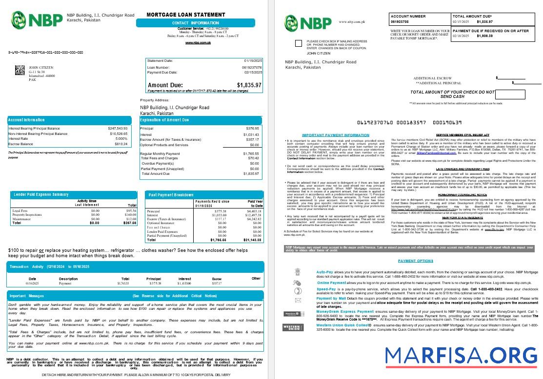 Printable Pakistan NBP mortgage loan statement in Word and PDF formats , 8 1 2 real example